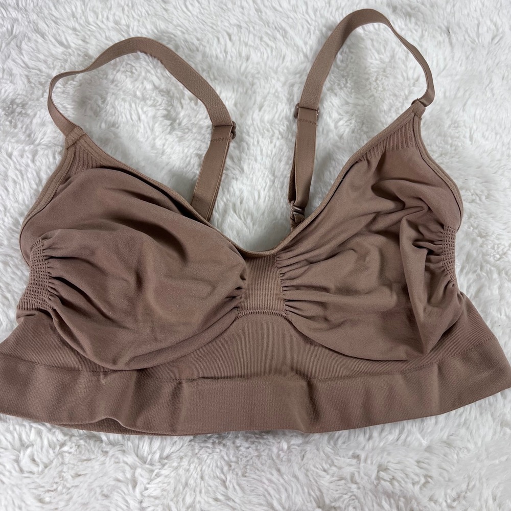 Seamless Ruched Bralette Mocha Brown Ribbed‎ Band Adjustable Straps Wire-free L